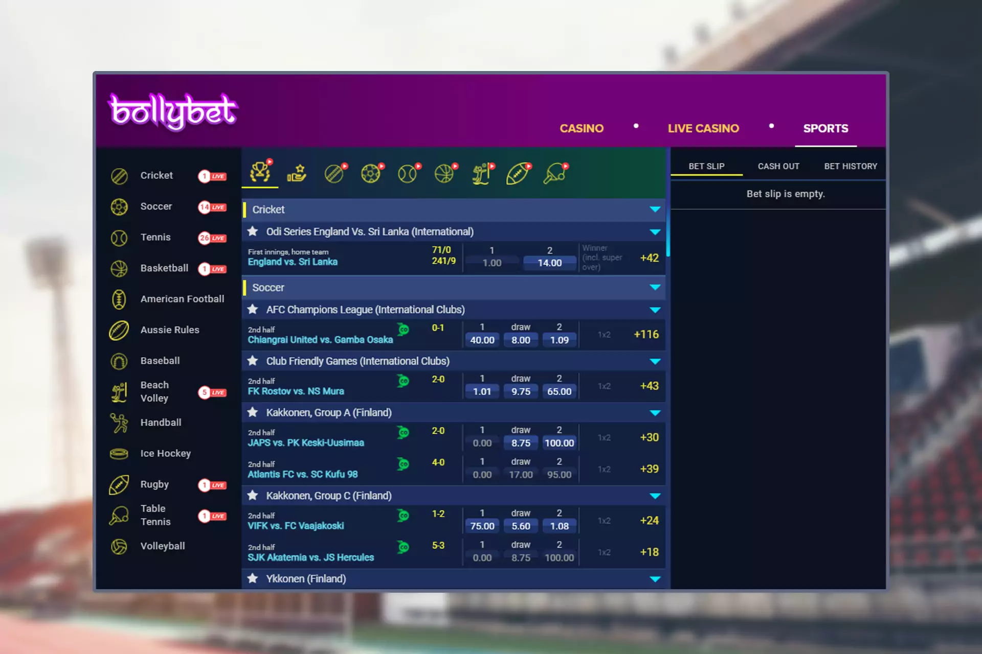 Cricket is the most popular sport for betting on Bollybet.