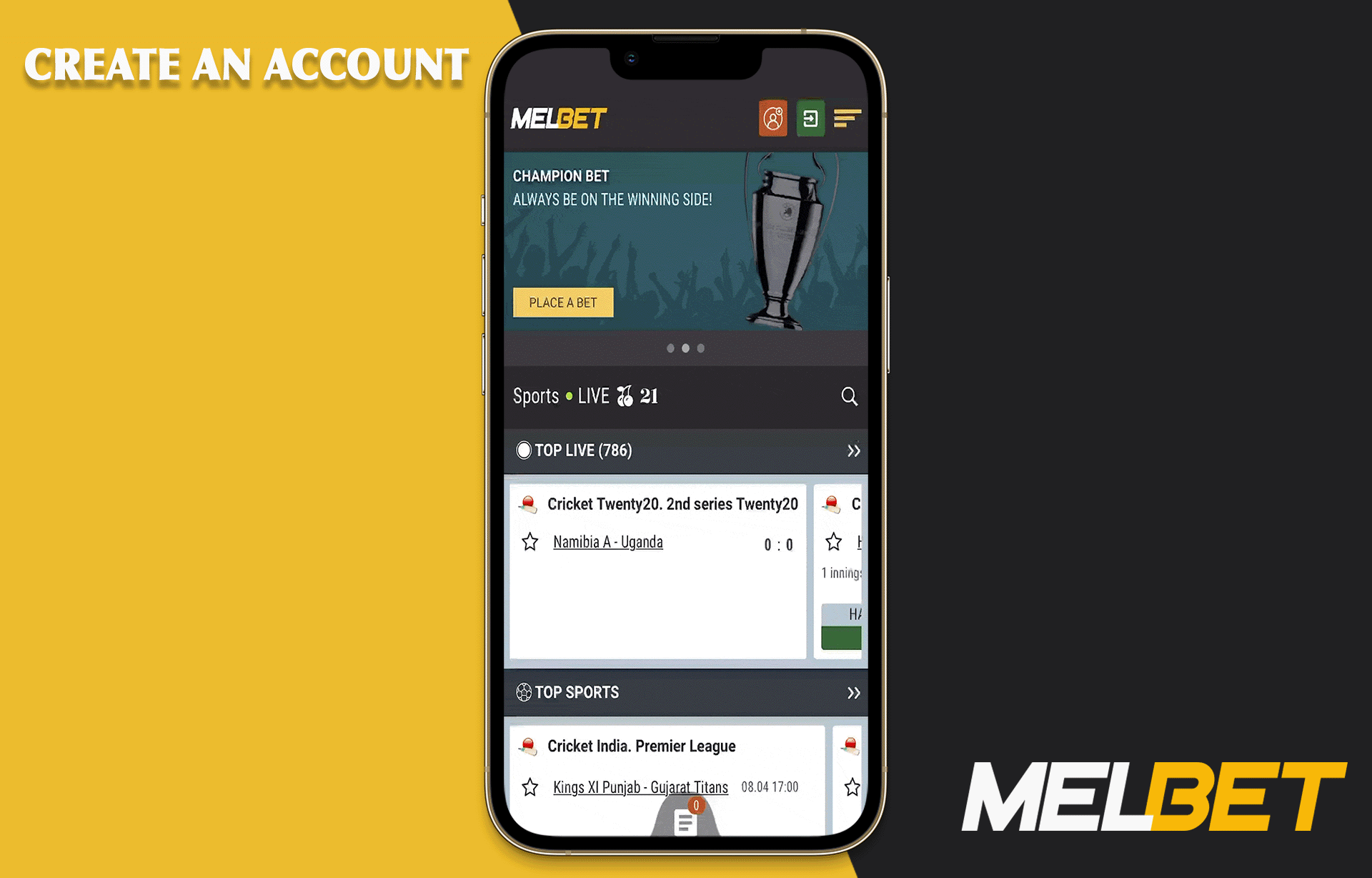 Creation account in Melbet.