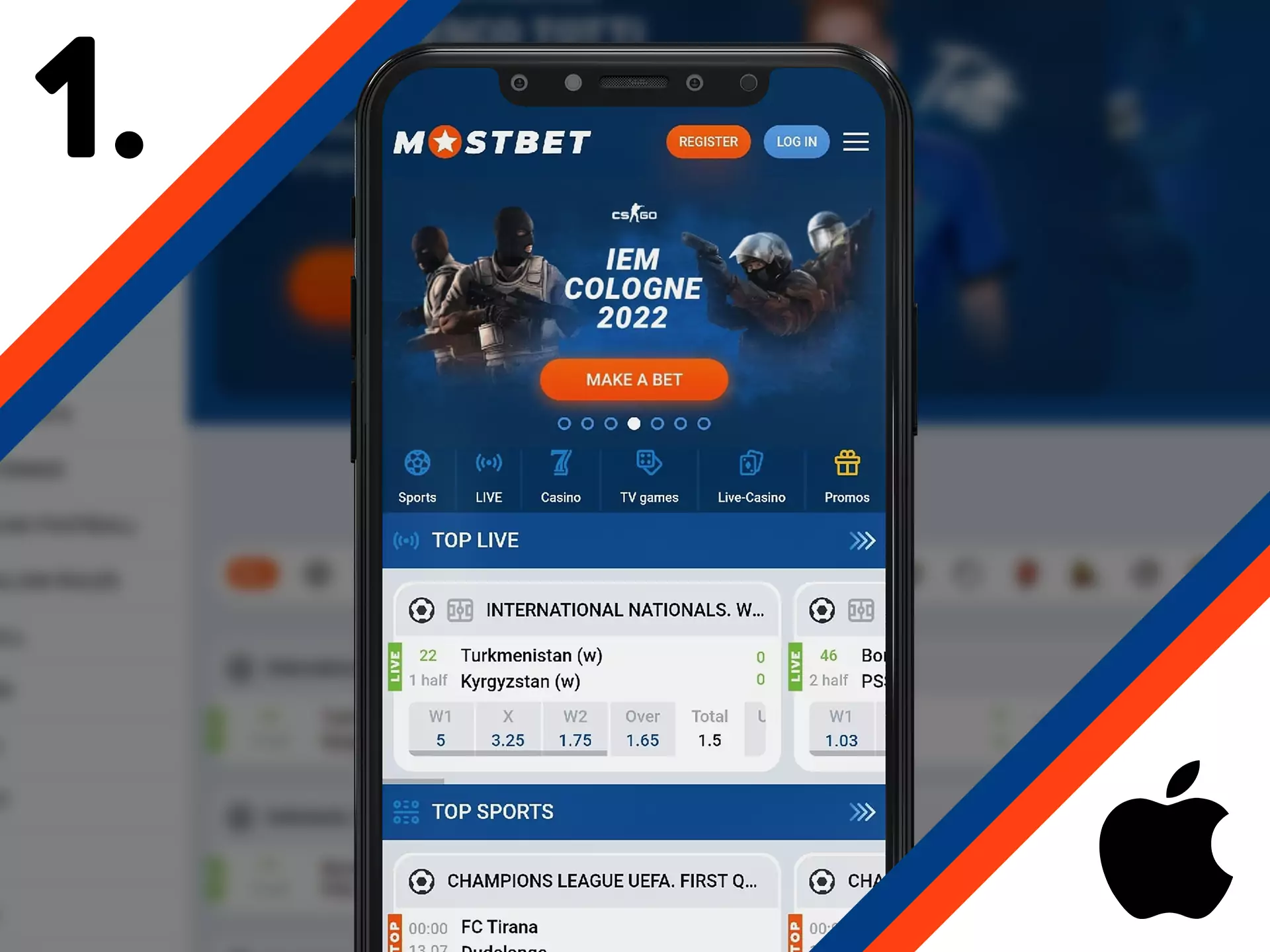 Use your ios device to enter the Mostbet main page.