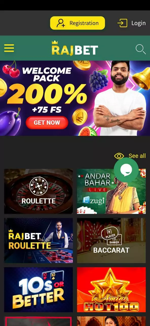 Rajbet App casino secrion.