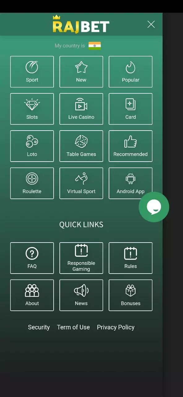 Rajbet app main menu section.