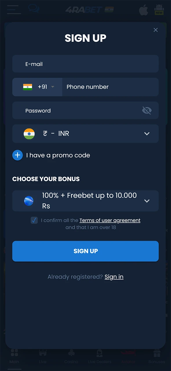 Creating an account in the 4Rabet app.