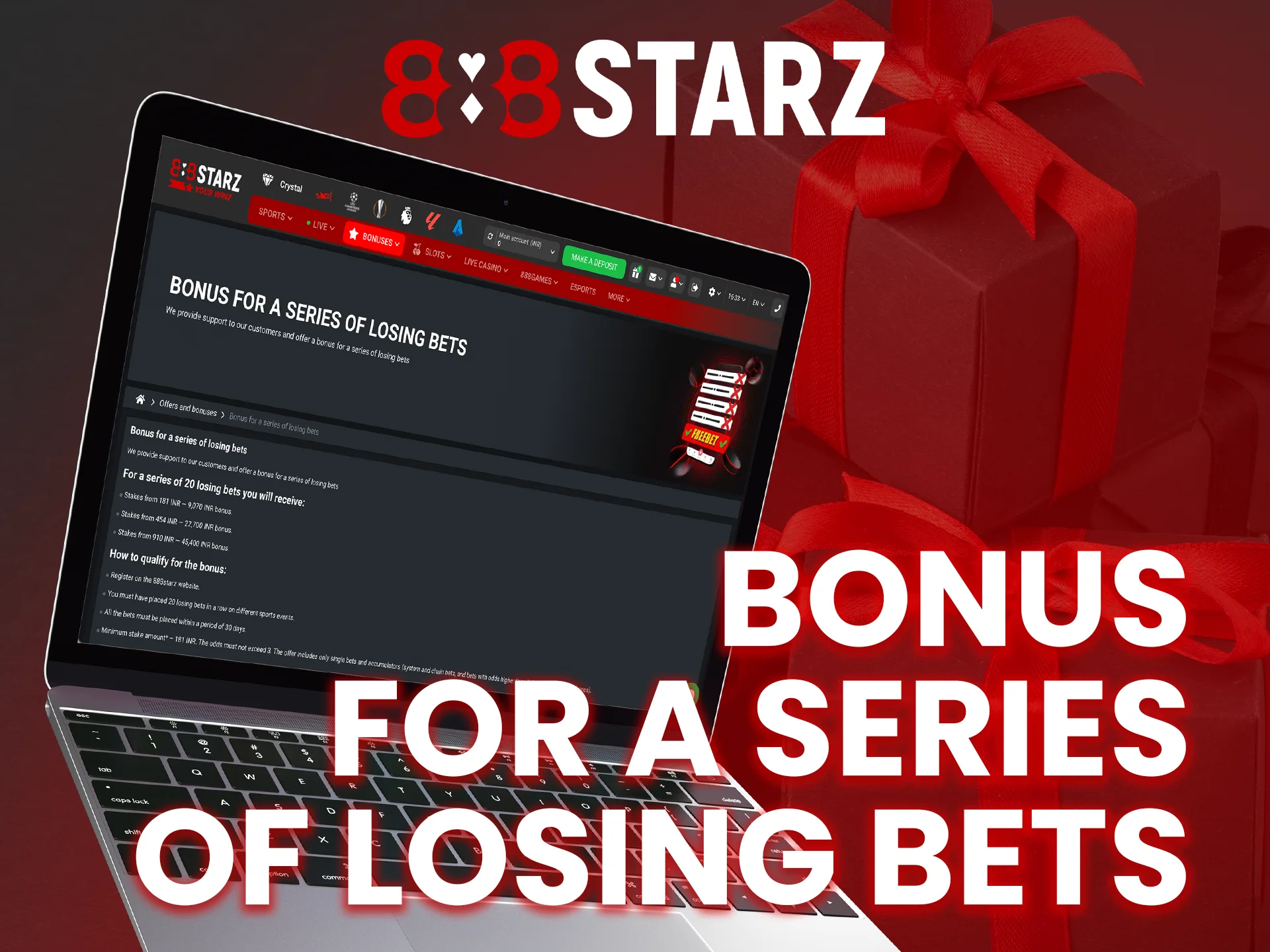 Turn losses into rewards with the losing bets bonus at 888Starz.