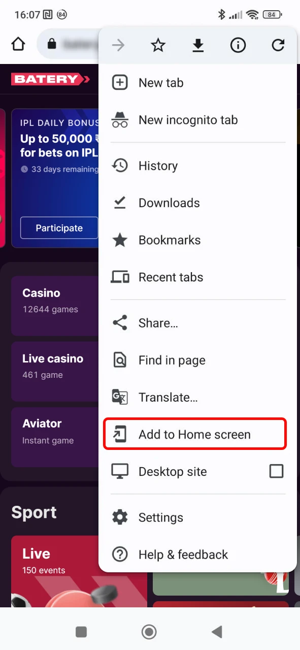 Select Add to Home Screen from the Batery website menu.