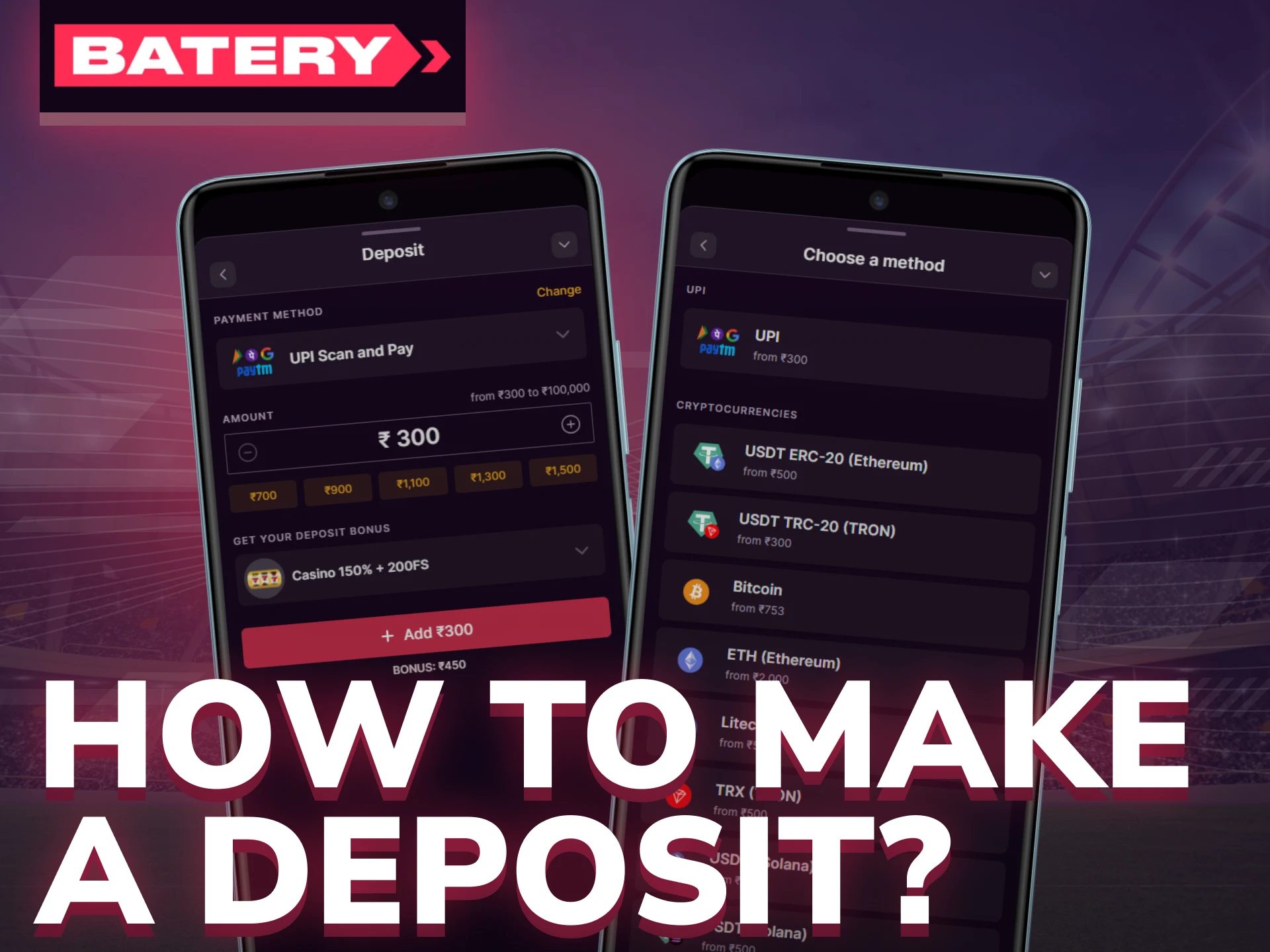Deposit in Batery app using any available payment option in your account.