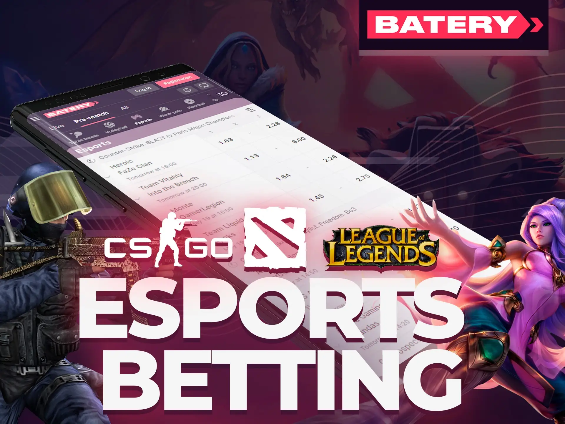 Bet on different esports types at Batery app.