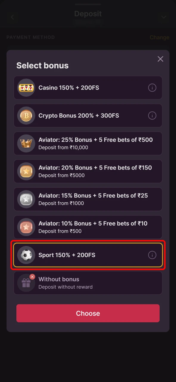 Select the Batery sport bonus offer from the promotions section.