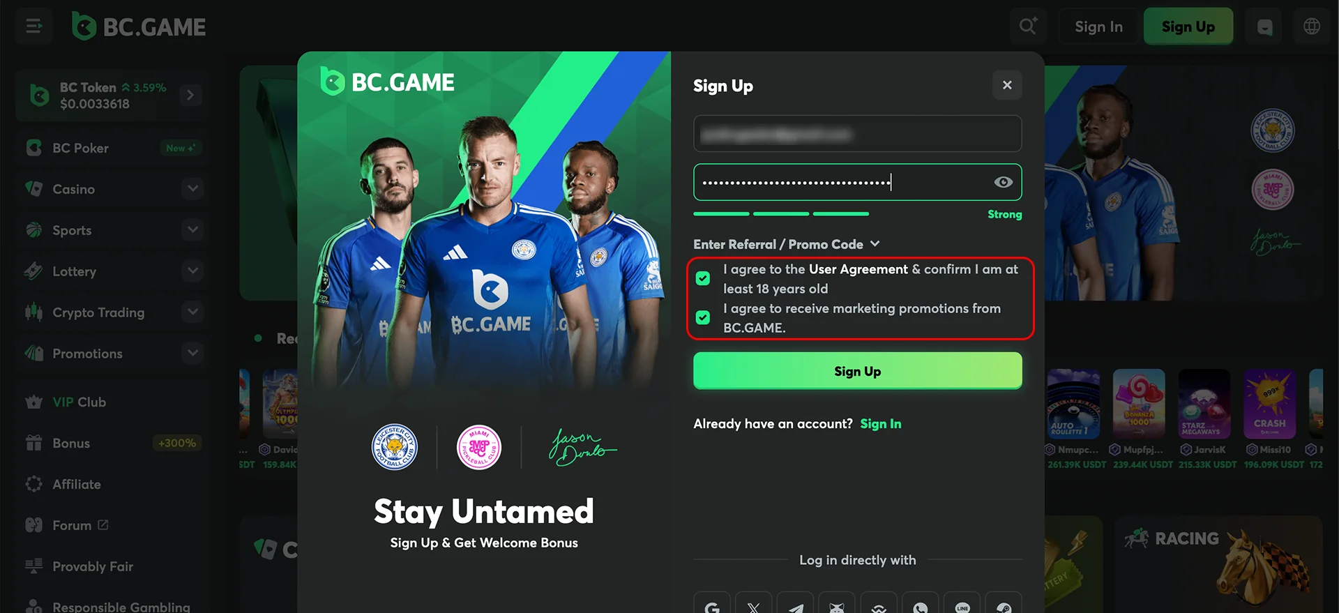 Agree to the user agreement and unlock BC Game features.