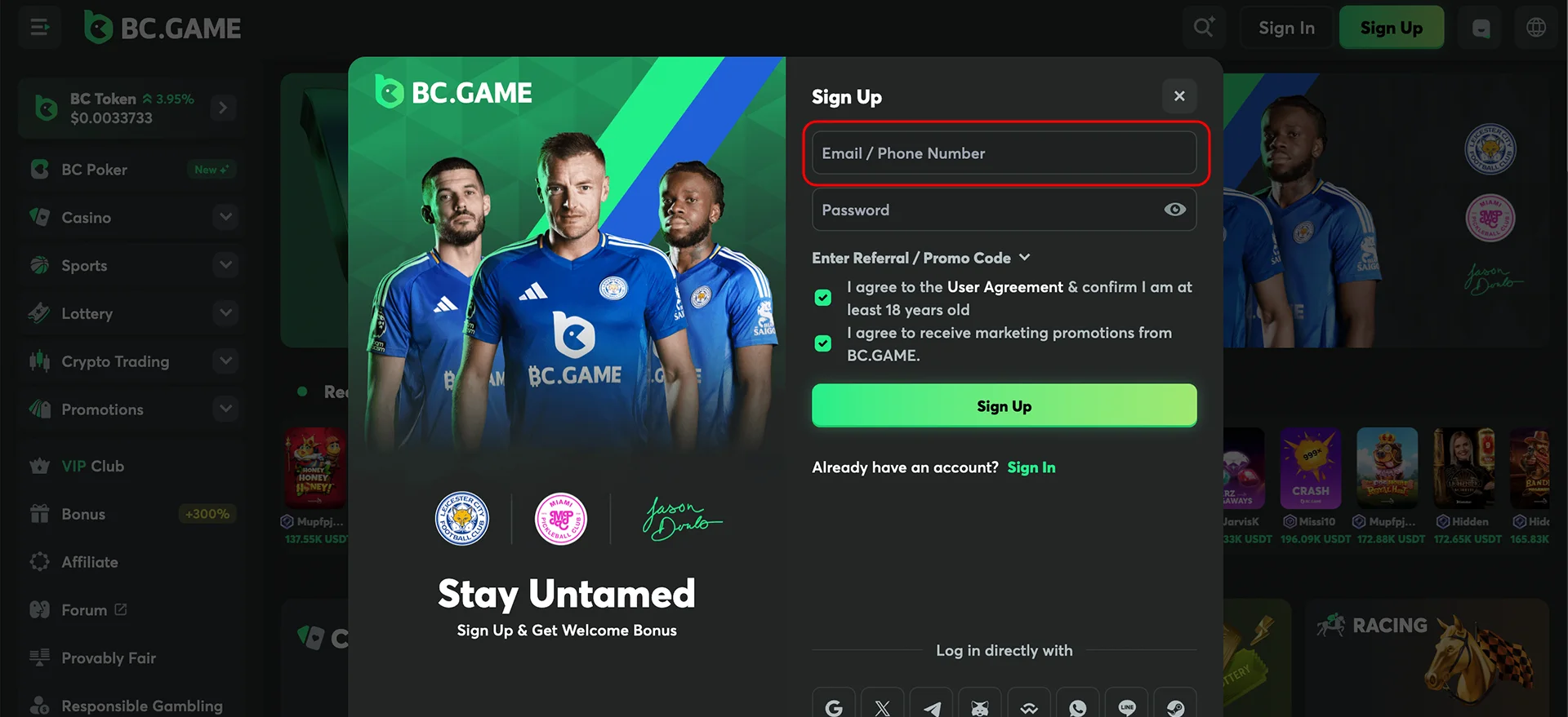 Enter your email to join BC Game and explore top games.