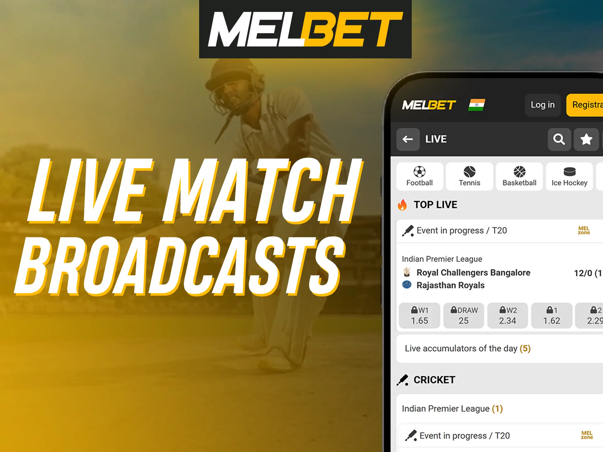 Watch sports matches and place live bets in the Melbet app.