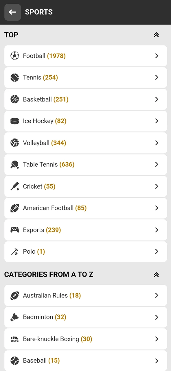 The sports section of the Melbet app features all popular sports.