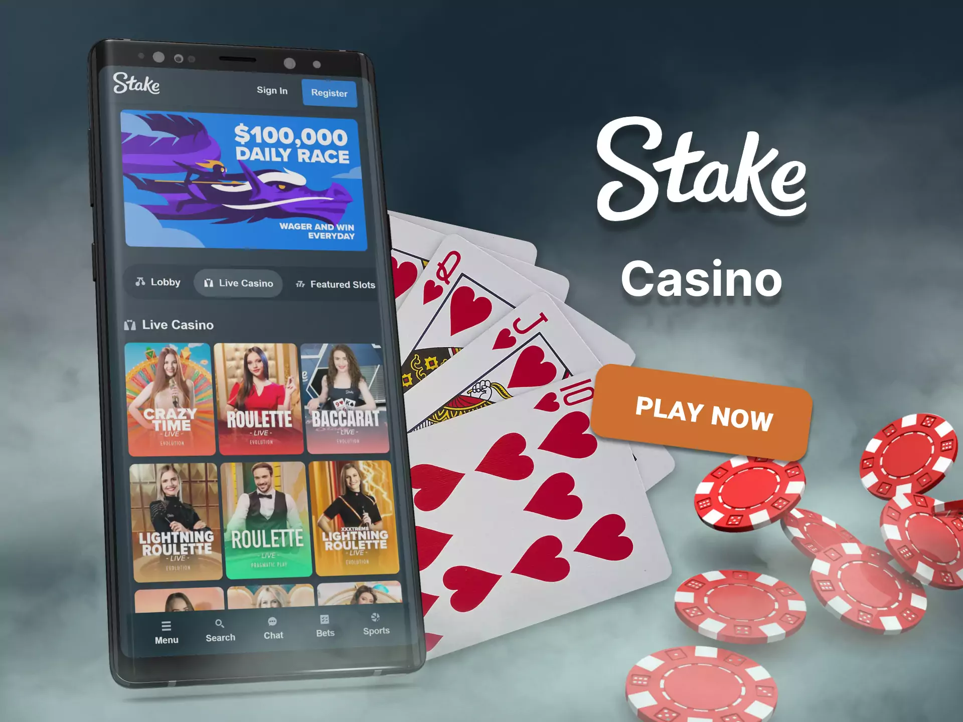 Play at the casino Stake app and win.