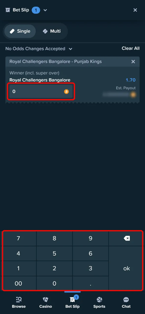 Enter the amount you wish to wager in the Stake betting slip.