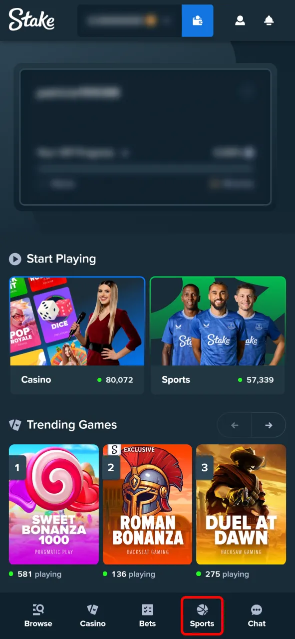 Go to the Sports section of the Stake app to begin placing your bet.