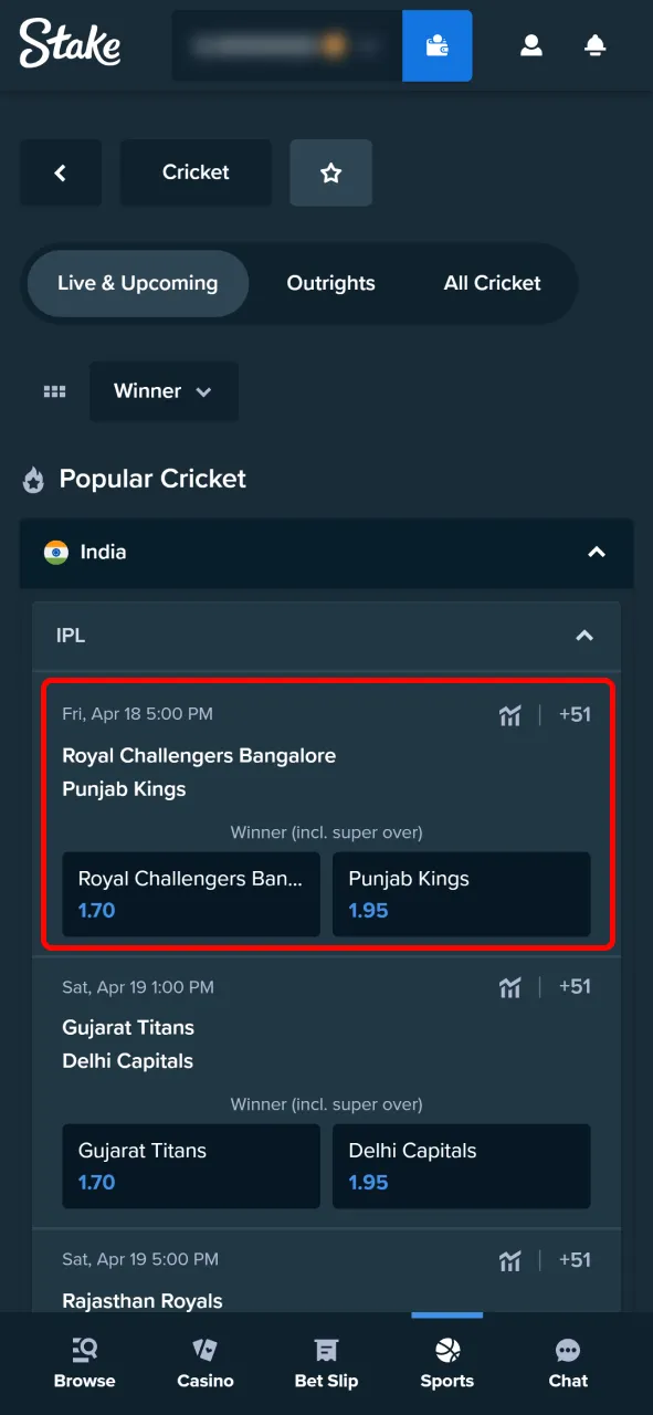 Pick a specific match you want to bet on using the Stake platform.