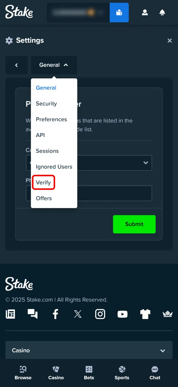 Choose the Verify option to begin the verification process on Stake.