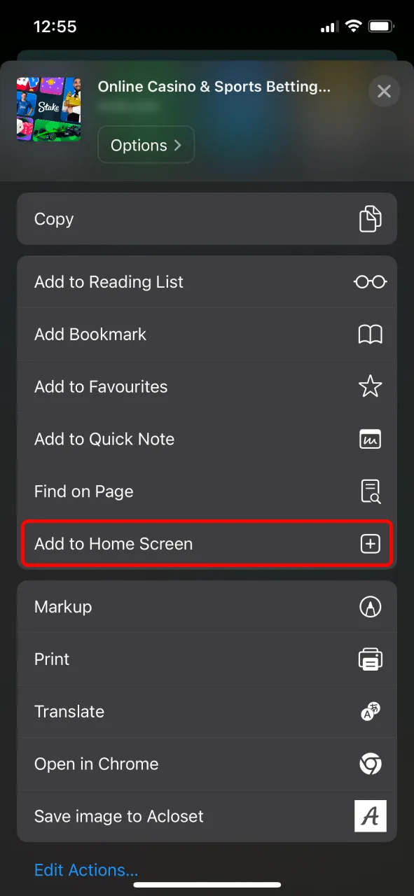 Select Add to Home Screen to place the Stake iOS app icon for quick access.