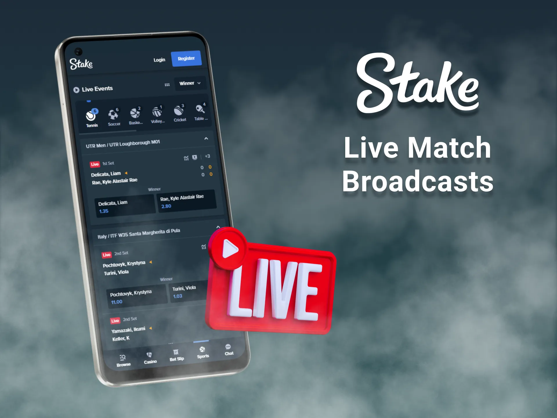 Watch live match broadcasts directly within the Stake app.