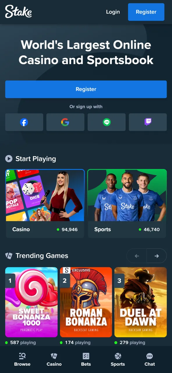 Explore the main page of the Stake app to start your betting journey in India.