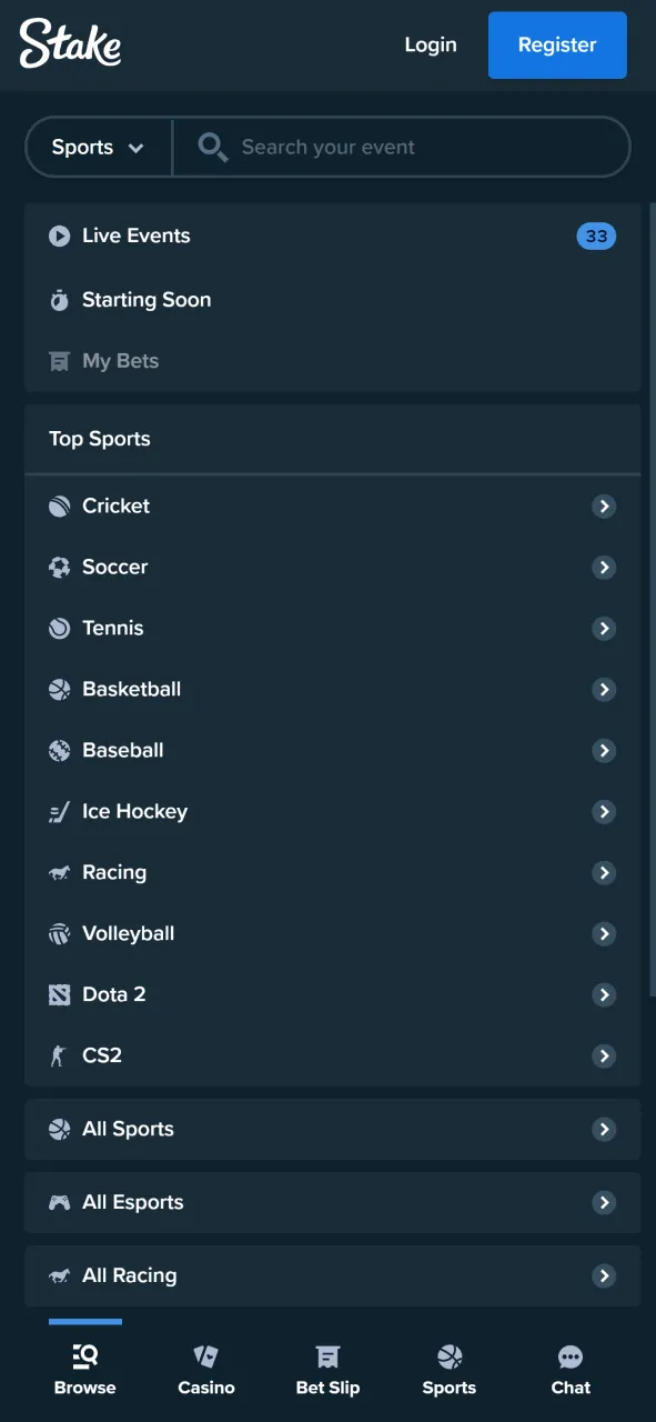 Place sport bets on various events directly through the Stake app.