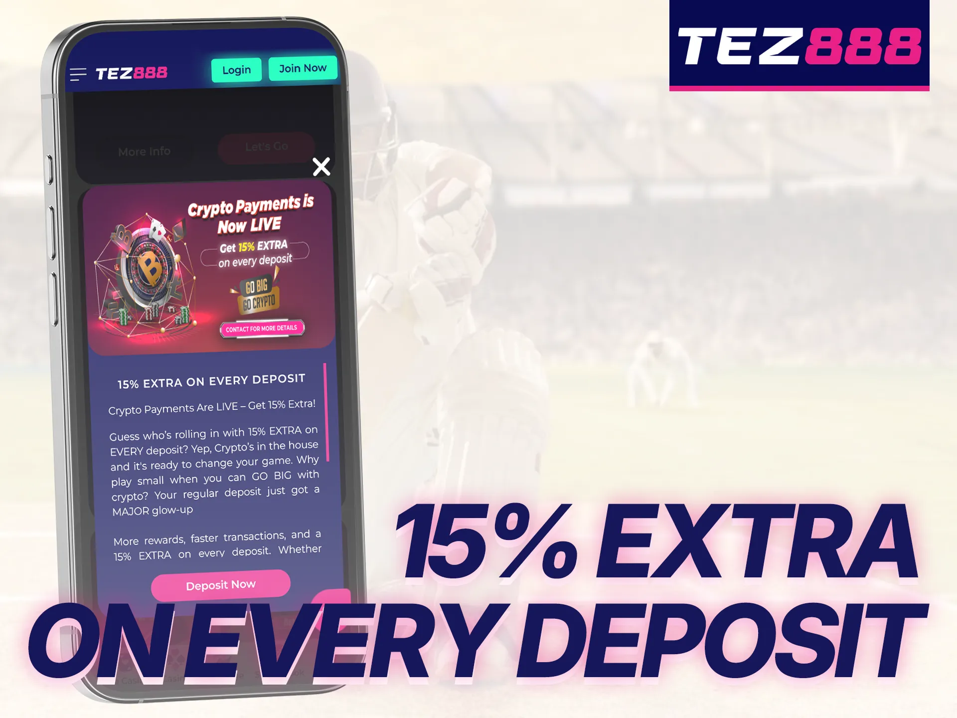 Top up your Tez888 crypto wallet and get a 15% bonus on every deposit.