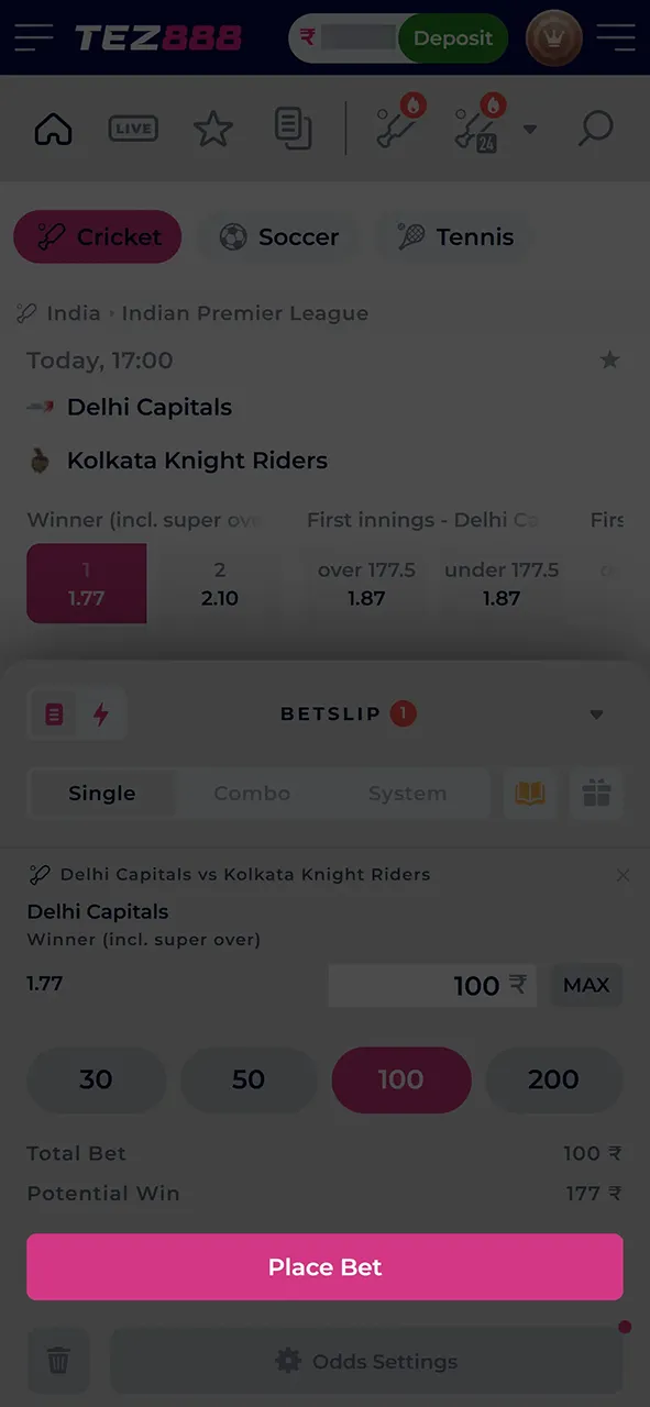 Confirm your bet in the Tez888 app.