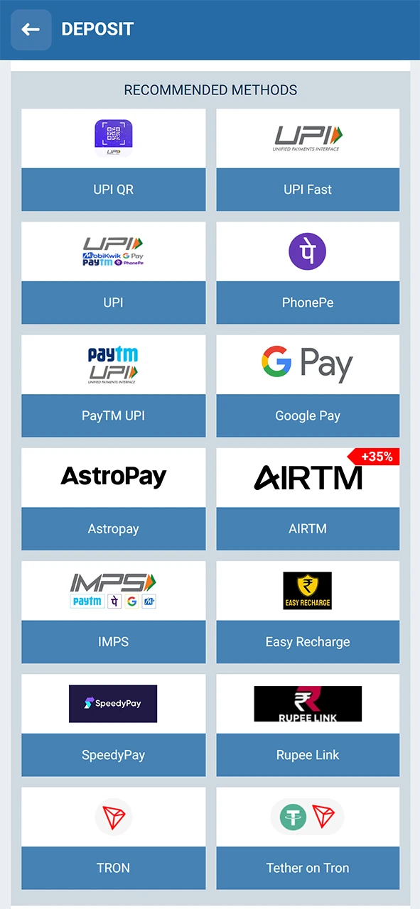 Specify the method of replenishment of your 1xBet account.
