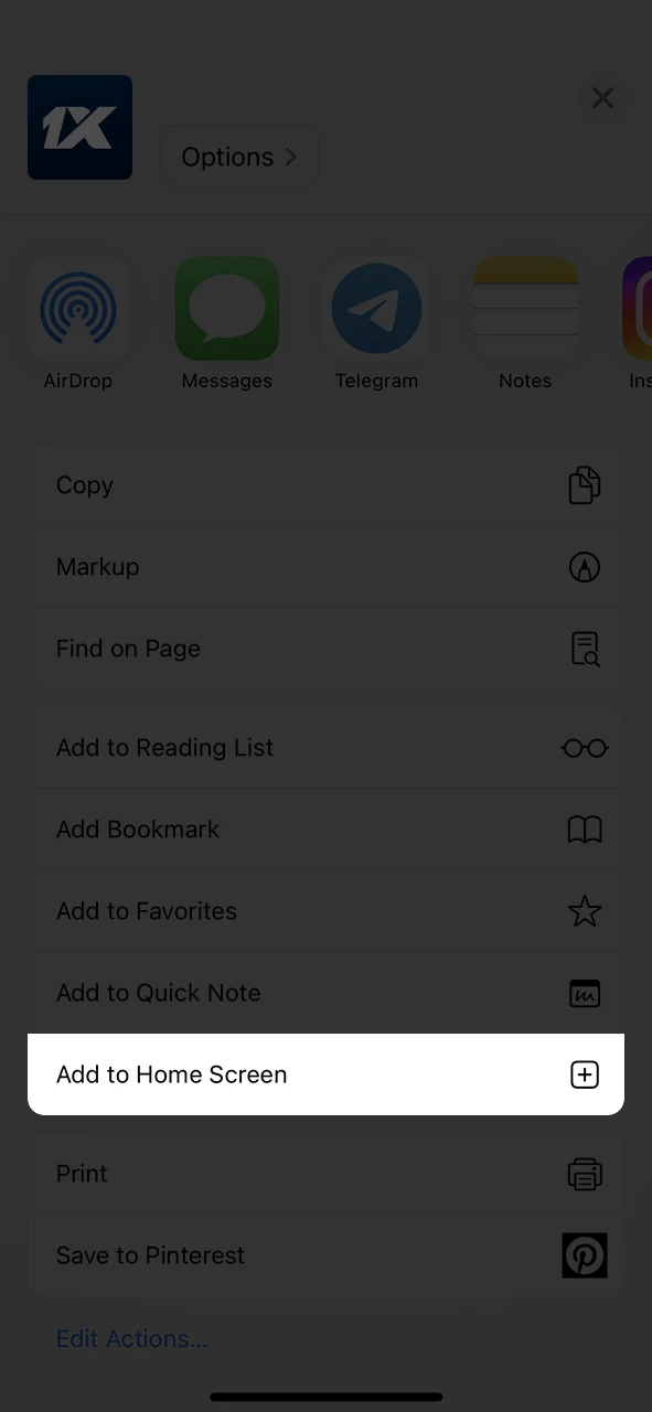 Open the menu on the 1xBet website and select Add to Home Screen.