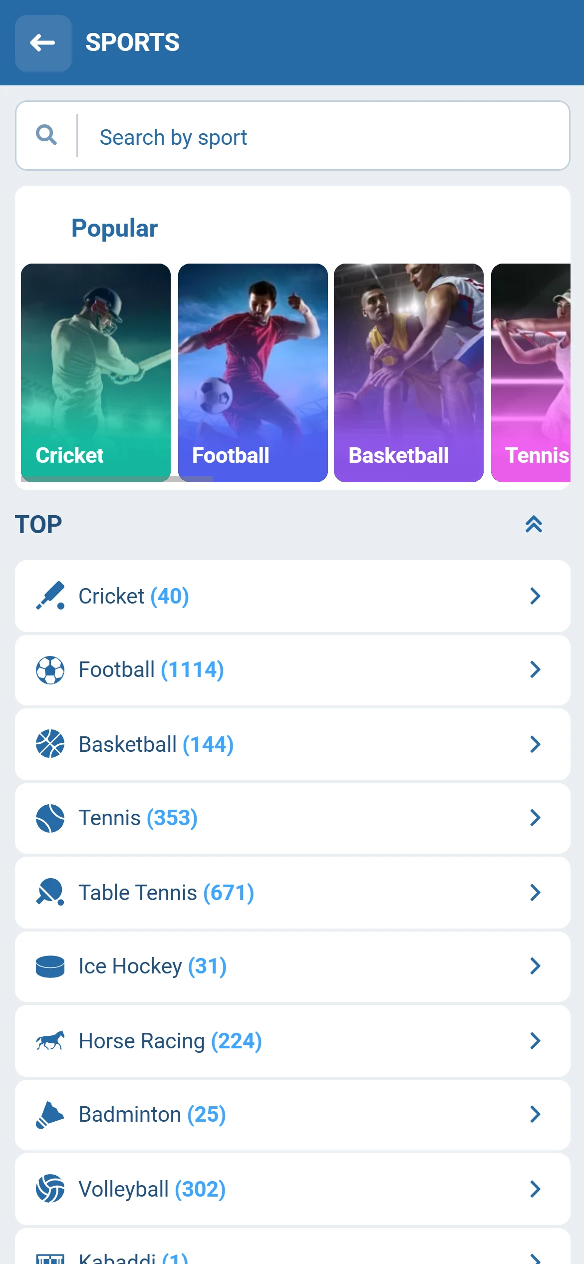 The sports betting section of the 1xBet app.