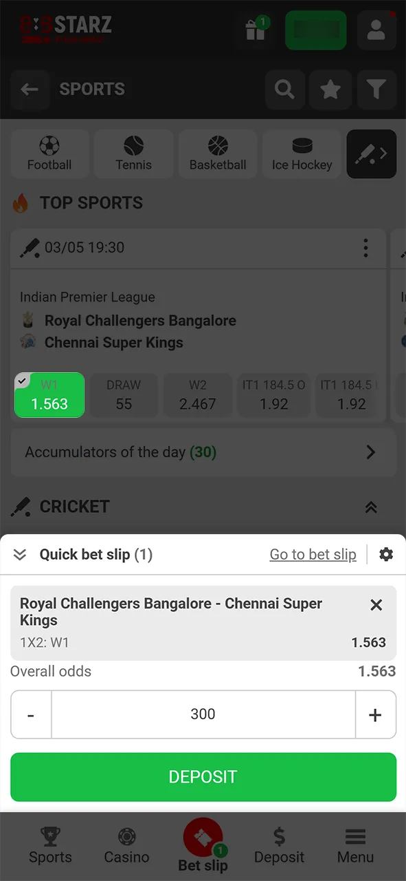 Select the type of bet at 888Starz.