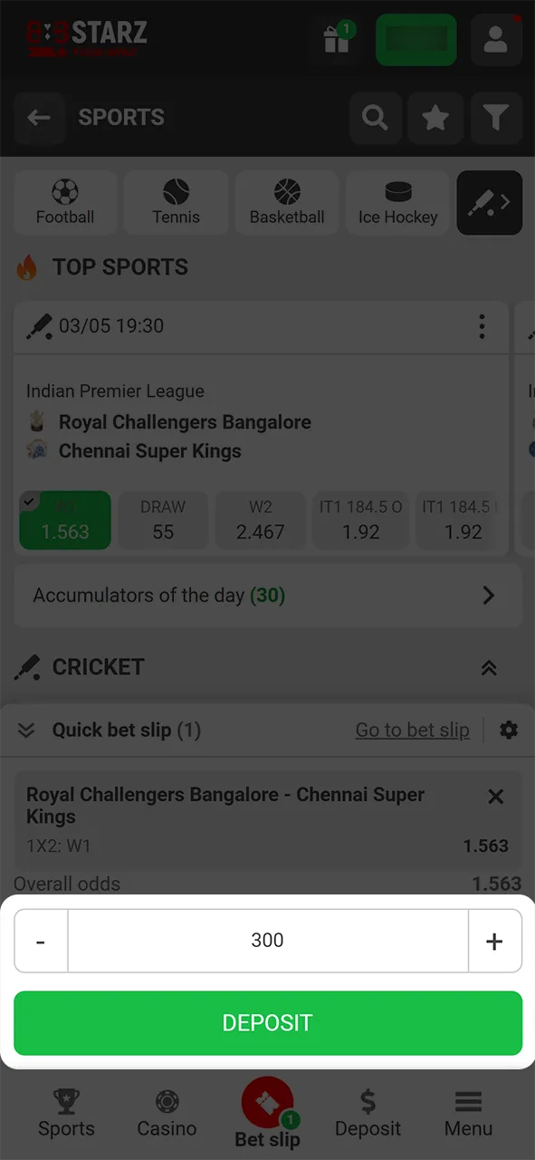 Specify the amount and place your bet at 888Starz.