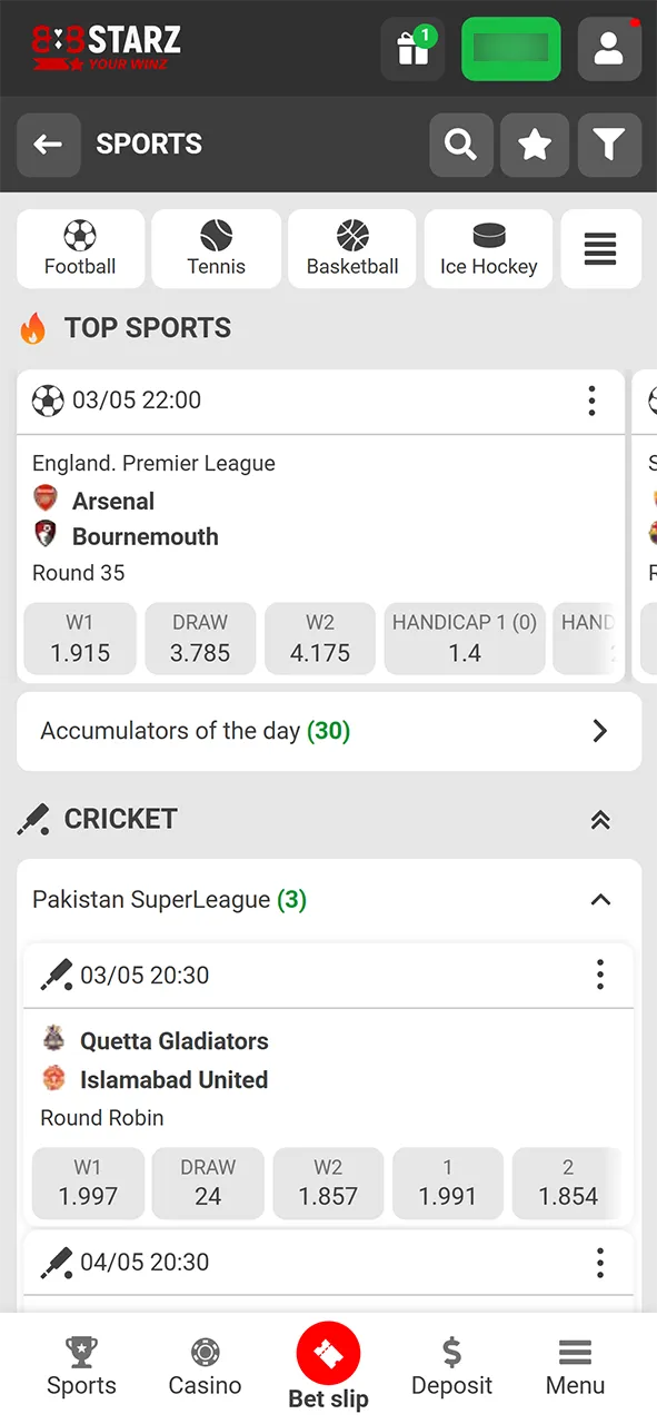 Go to the sports section of the 888Starz app.