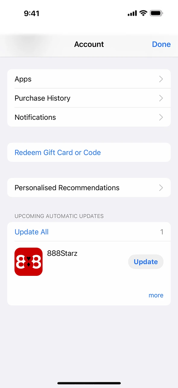 Click the Updates tab to update the 888Starz app.