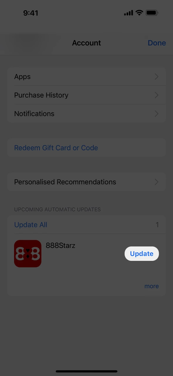 Click on the update button of the 888Starz app.