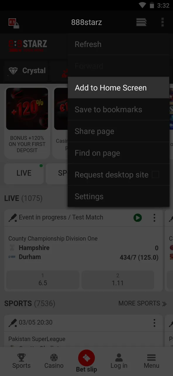 Add the 888Starz link to your home screen.