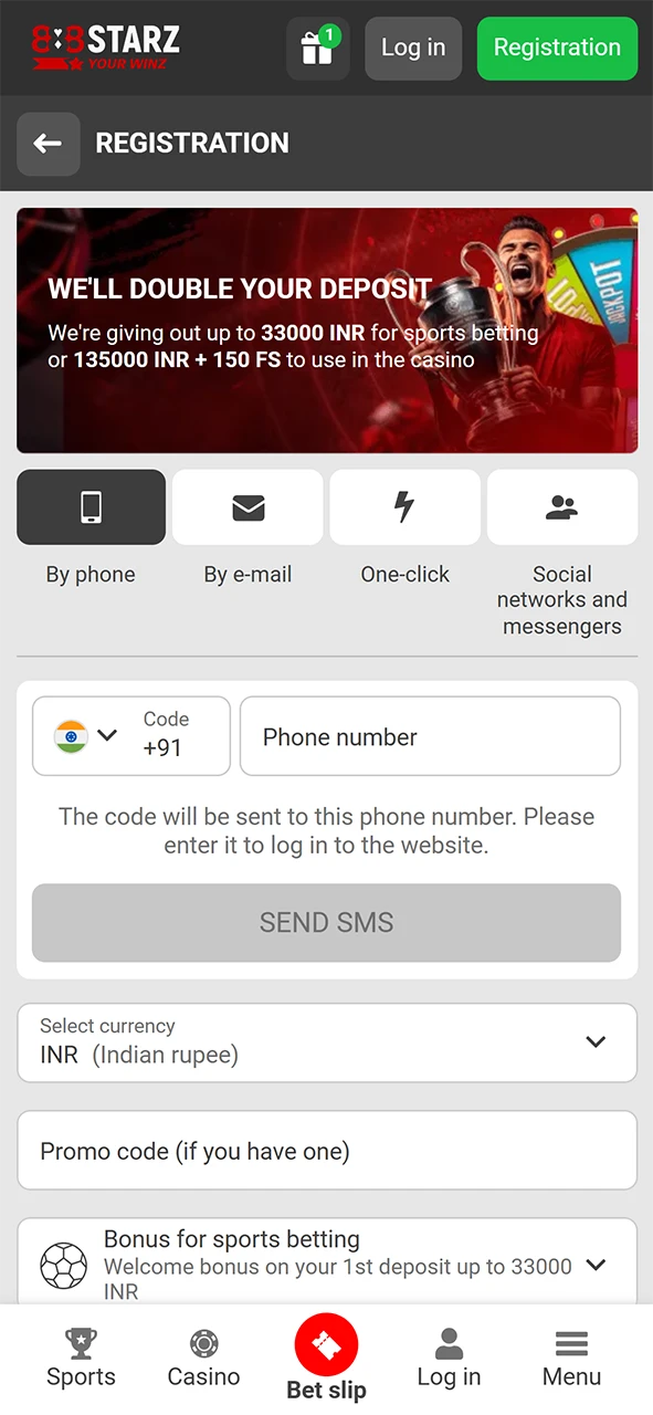Registration in the 888Starz app.