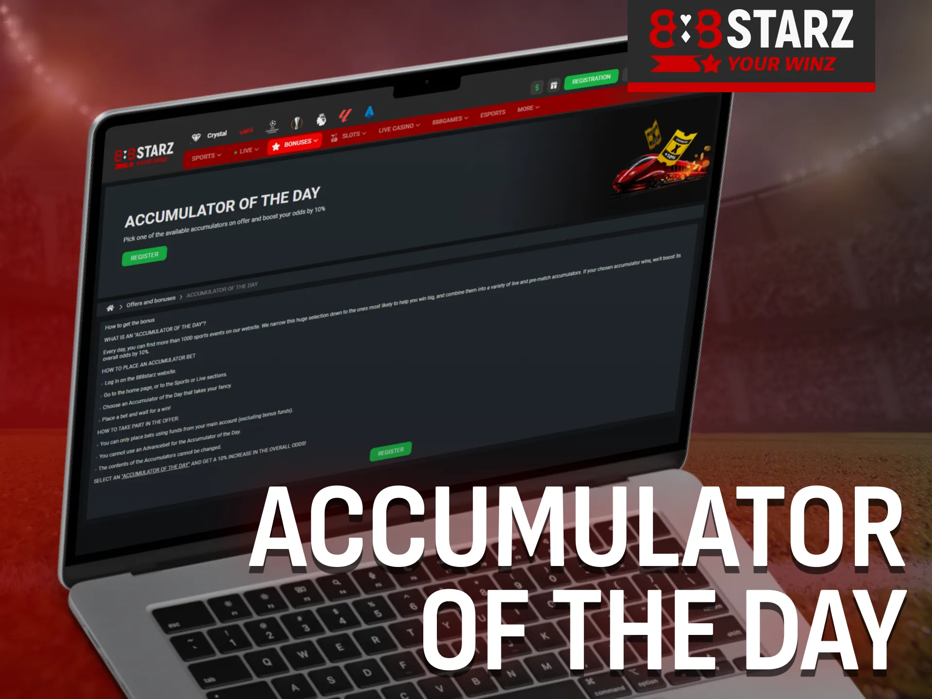 888Starz India offers an Accumulator of the Day bonus.