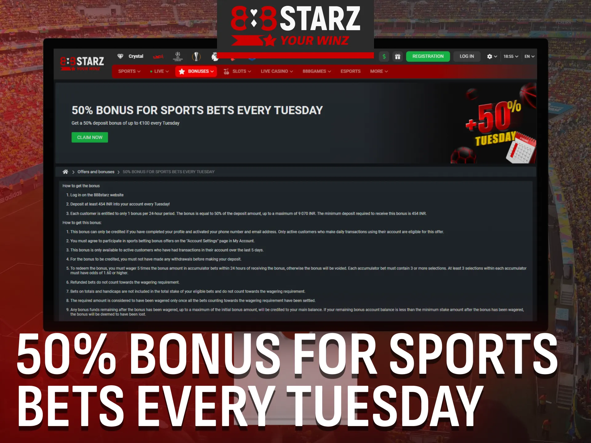 Receive a 50% sports betting bonus every Tuesday on 888Starz.