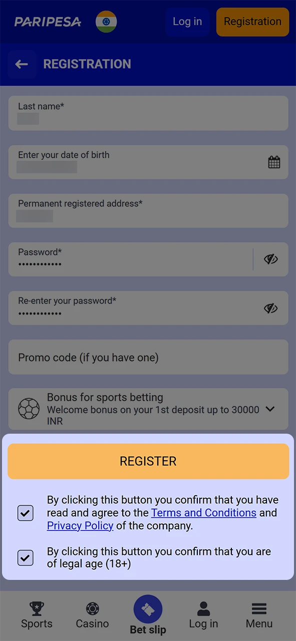 Confirm Paripesa's terms and complete your registration.