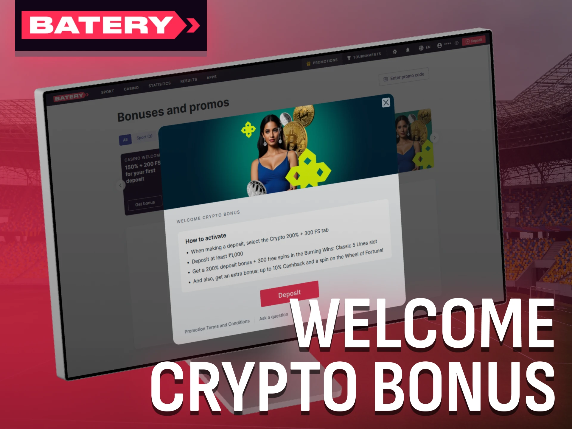 Unlock a welcome crypto bonus at Batery for secure crypto deposits.