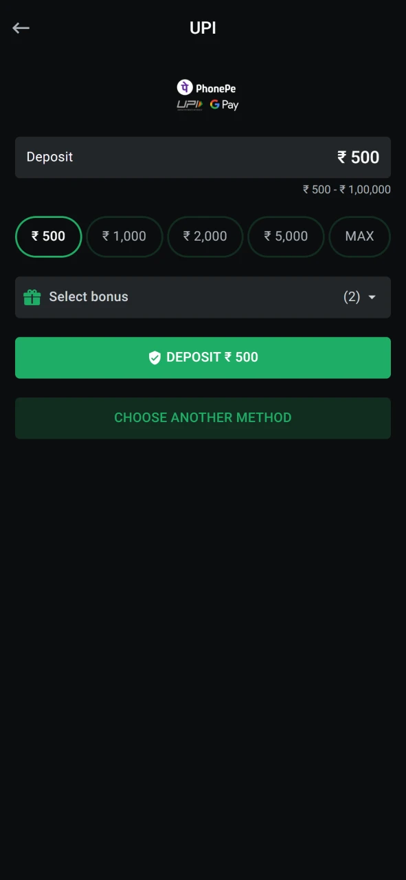 Enter the deposit amount to add funds using Leon Bet app in India.