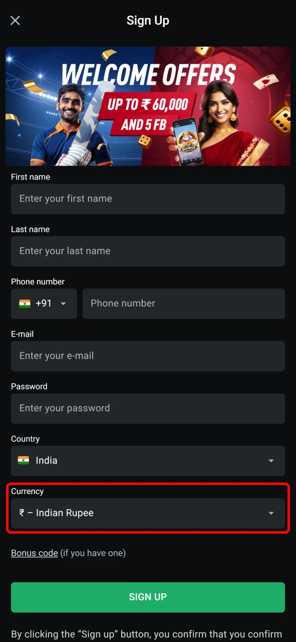 Choose your preferred currency when signing up on Leon Bet app.