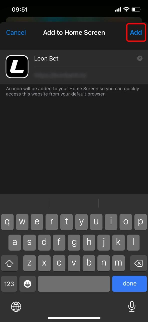 Confirm installation of Leon Bet PWA on your iOS device.