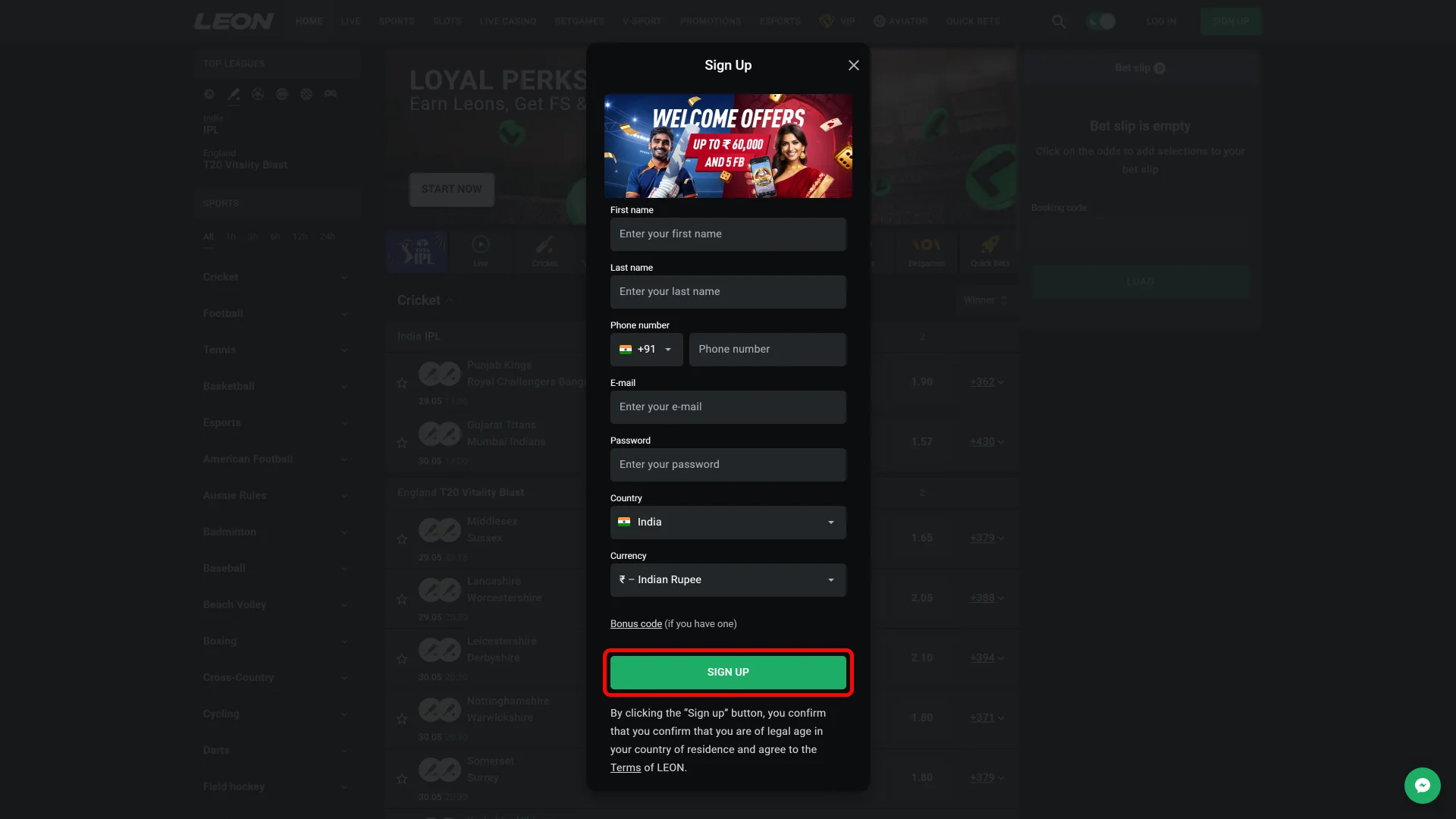 Agree to terms and complete sign-up on Leon Bet.