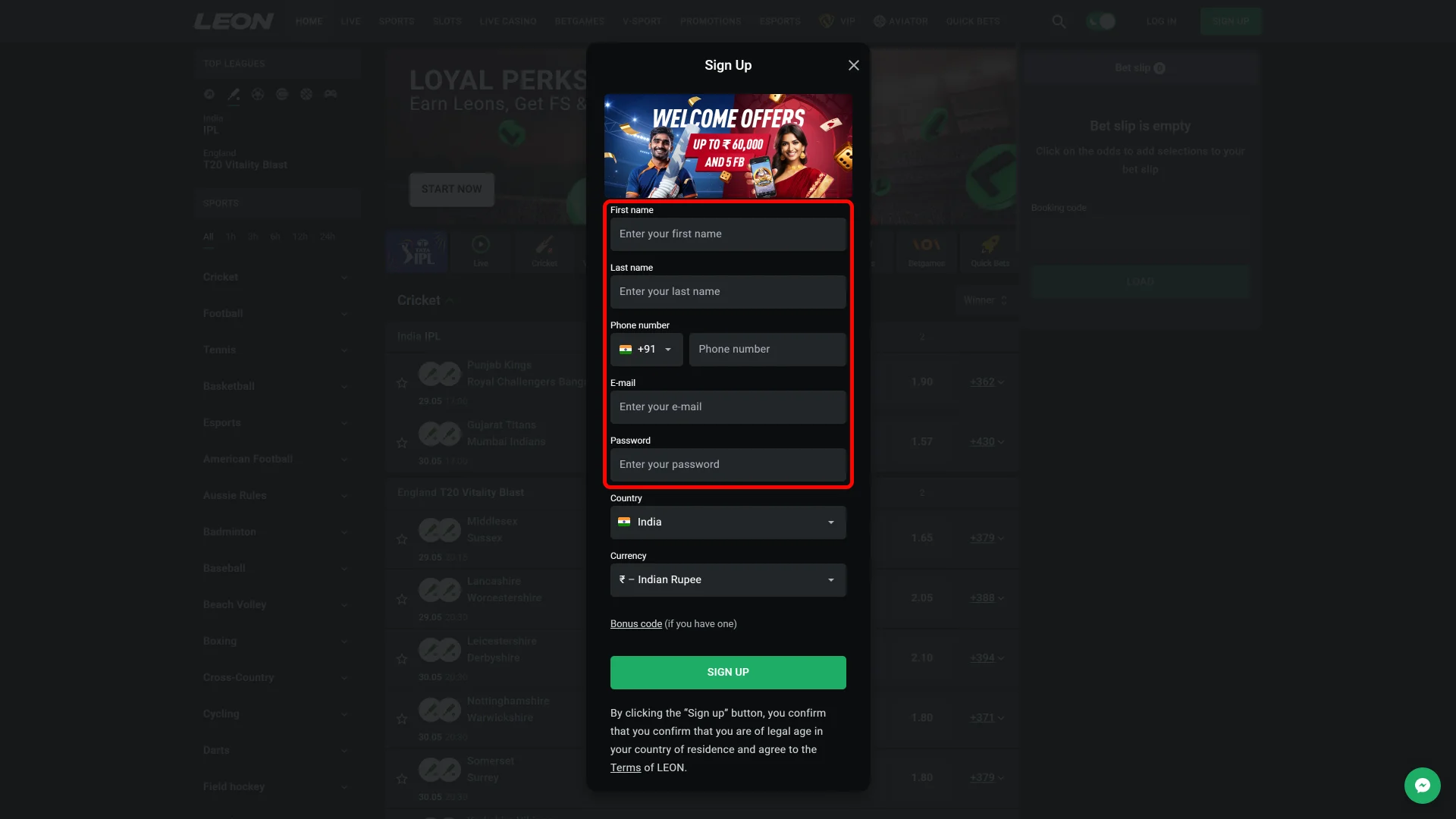 Enter personal details to join Leon Bet in India.