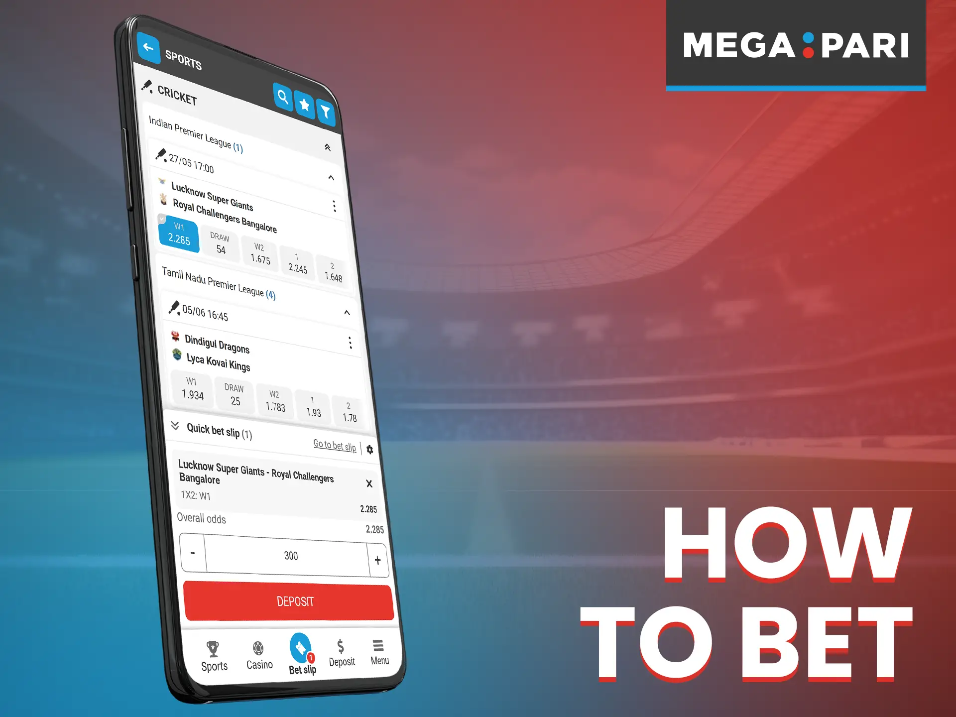 Select the desired sport and event to place a bet in the Megapari app.