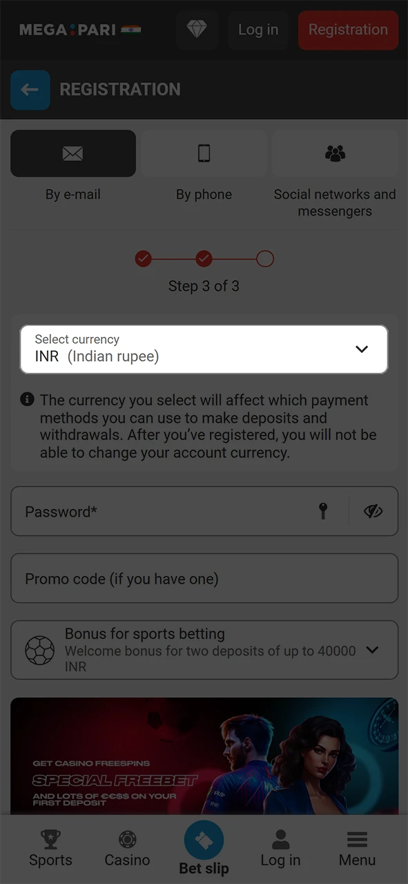 Choose your country and preferred currency for your Megapari account.