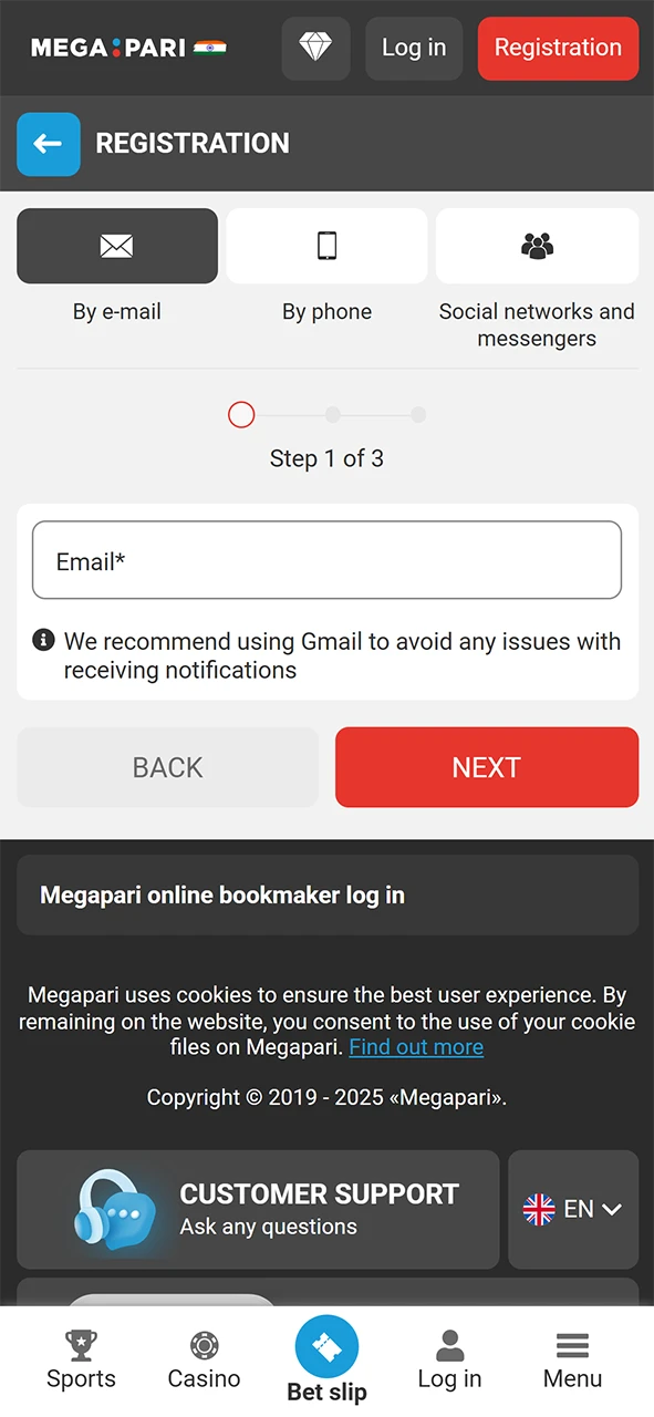 Megapari registration page.