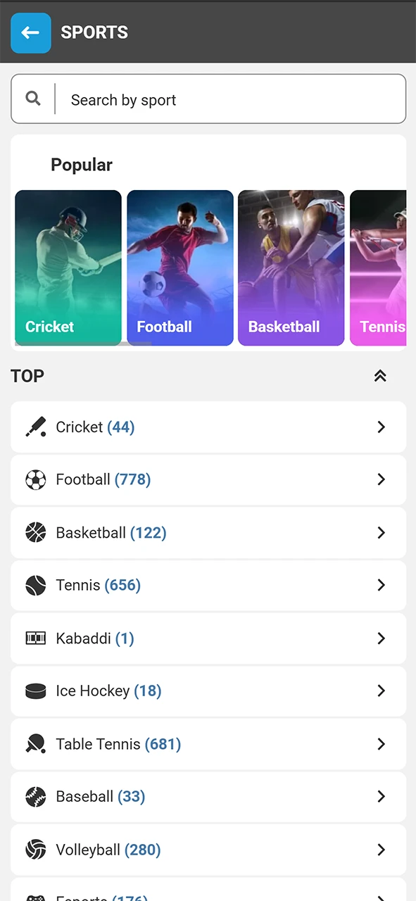 Available sports on the Megapari app.