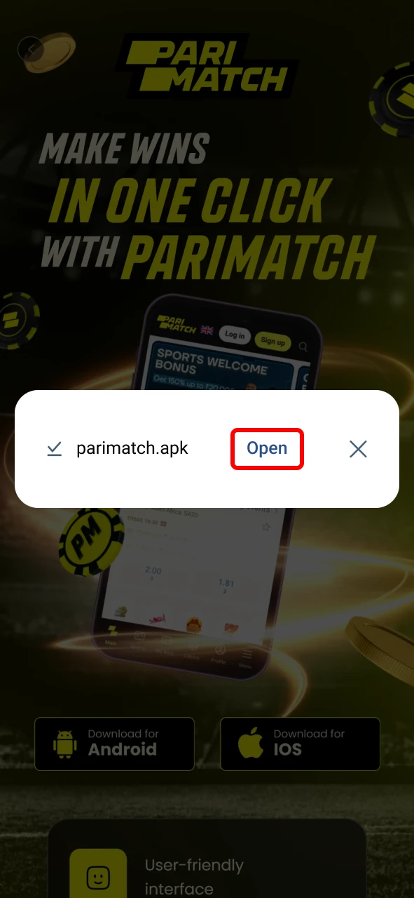 Tap Open to start using the Parimatch Android app.